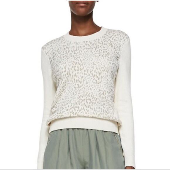 Rebecca Taylor Ivory Crewneck Sweater Gray Leopard Print Detail Size Medium - Picture 1 of 7